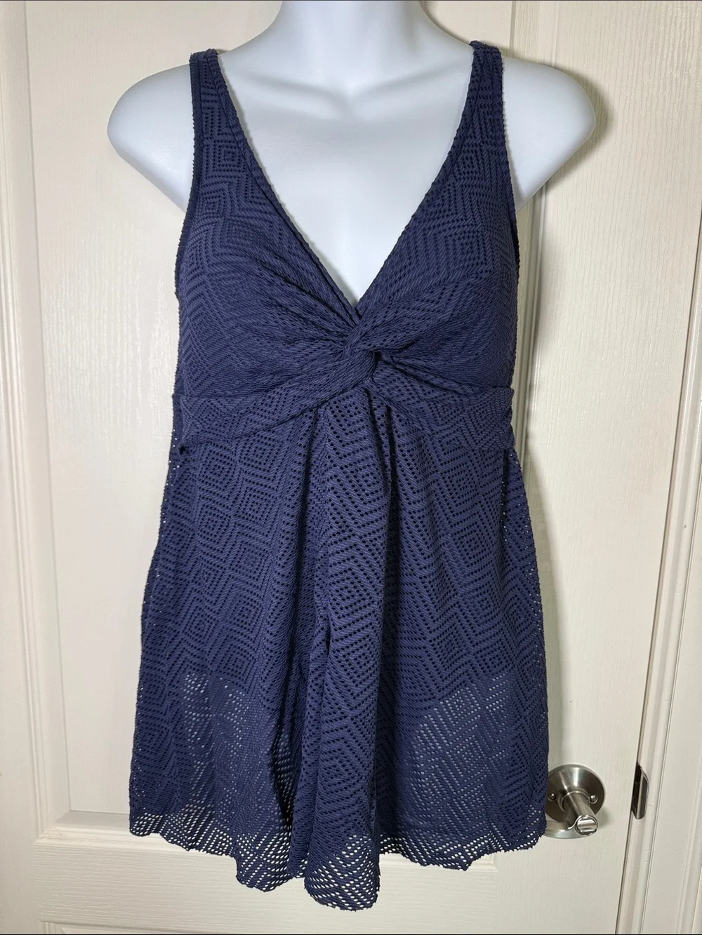 Navy Twist Front Swim Dress One Piece Lace Skirted Swimsuit Size 10